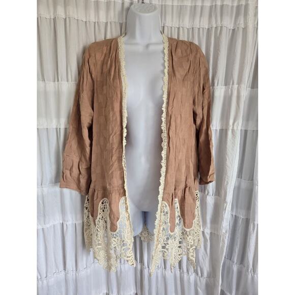 Umgee Tops - Umgee Womens Medium Kimono Brown Crochet Duster Boho Festival Hippie Beach Cover
